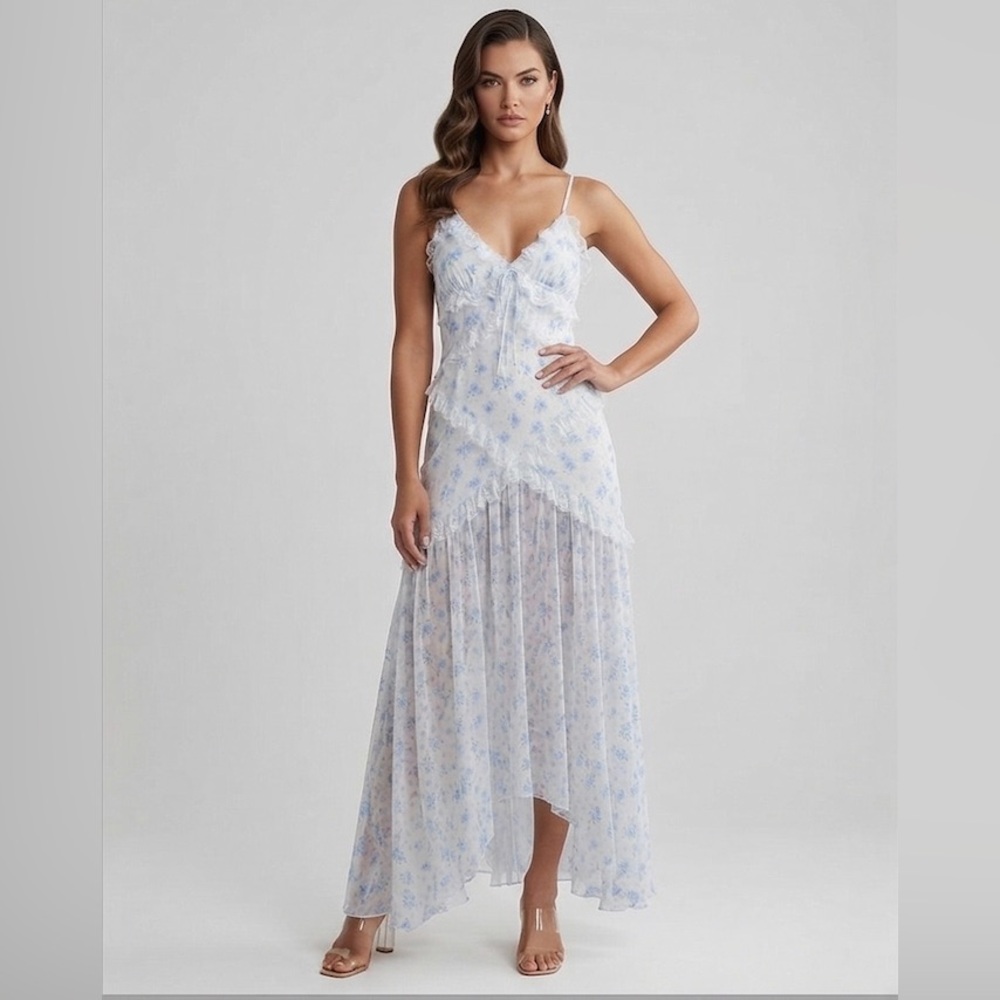 LAST ONE 🔥 Floral Chiffon Ruffle High-Low Maxi Dress Blue